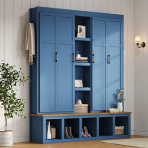 Farmhouse 4-in-1 Hall Tree with Bench & 6 Hooks, 62.9" Mudroom Organizer with Shoe Cabinet & Open Storage-3irtyhousy - 1 of 4