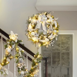 30 Inch Christmas Wreath with Lights for Front Door, Lighted Christmas Wreath with 40 Led Lights Red Gold Balls Pine Cones Bow - 1 of 4