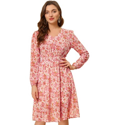 Allegra K Women's Floral Print V-Neck Smocked Waist Midi Dress