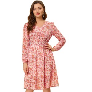 Allegra K Women's Floral Print V-Neck Smocked Waist Midi Dress - 1 of 4