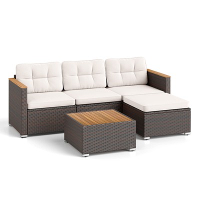 Tangkula Set Of 5 Outdoor Patio Furniture Set L Shaped Rattan Cushioned Chairs & Coffee Table Set Outdoor Sectional Sofa with Wood Armrests & Tabletop