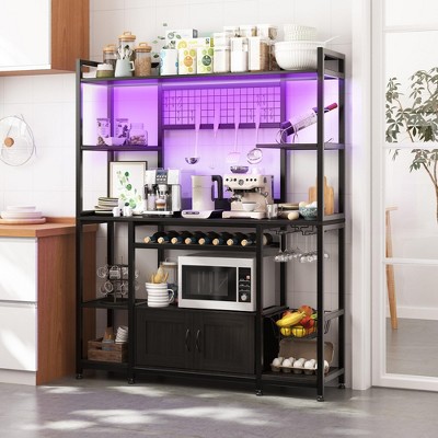 Large Bakers Rack with Power Outlet and LED Light, 5-Tier 55" Kitchen Microwave Stand Coffee Bar with Storage