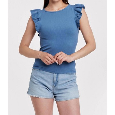 Women's Akiko Ruffle Sleeve Boat Neck Ribbed Top - Another Love