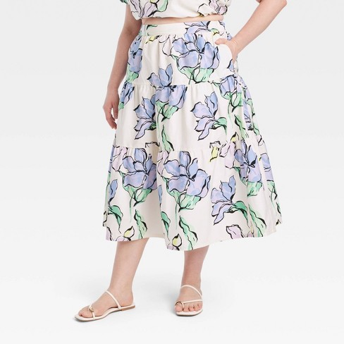 A-line Skirt - White/blue floral - Ladies