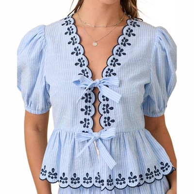 Women's Deena V-neck Peplum Blouse With Scallop Edges - Main Strip