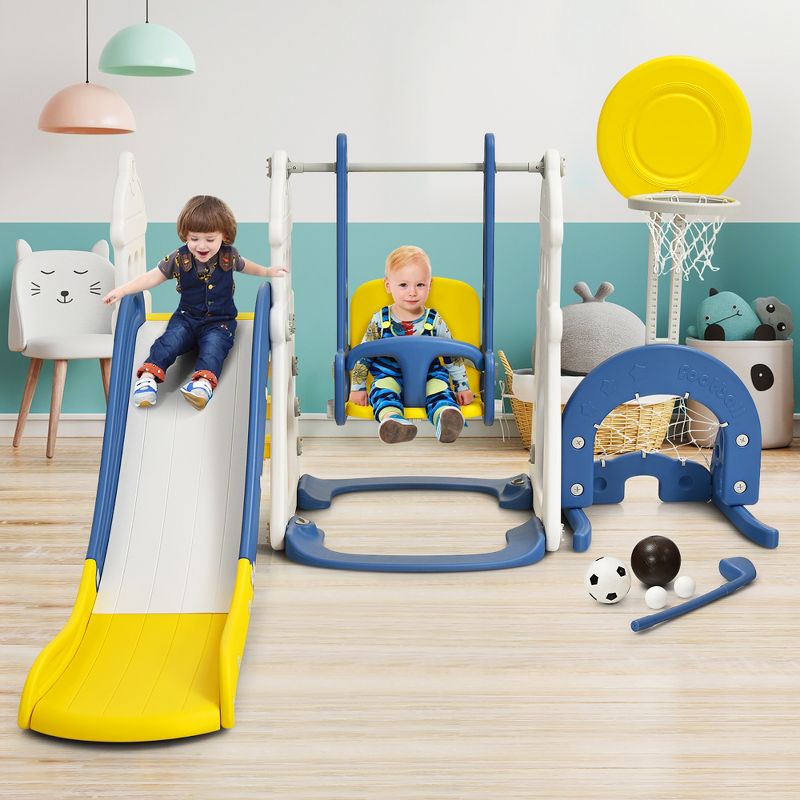 Costway 6 in 1 Toddler Slide and Swing Set Climber Playset w/ Ball Games White\Blue, 2 of 11