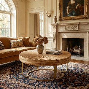 Airsurfer Modern Round Coffee Table with Wooden Carving Pattern and Metal Legs, Black Design for Living Room, Reception Room, Office - 1 of 4