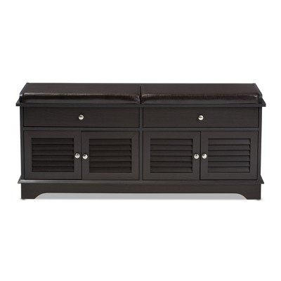 Contemporary Dark Brown Wood 2-Drawer Shoe Storage Bench with Faux Leather Cushion
