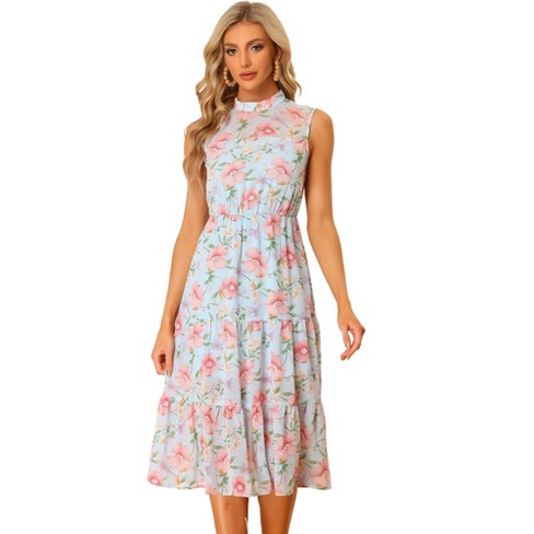 Allegra K Women's Summer Floral Sleeveless Mock Neck Tiered Midi Dress ...