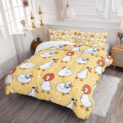 Acoinel 3 Pcs Cartoon Duck Lightwight Ultra Soft Comforter Set with 2 Pillowcases, TWIN, Yellow