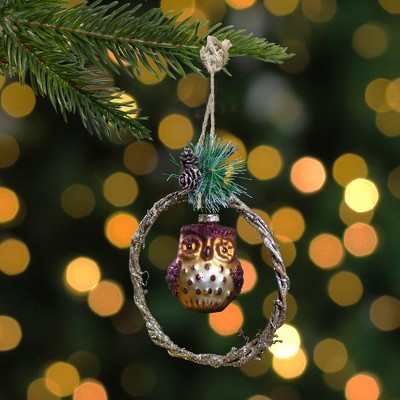 5.25" Brown Glass Owl Ornament with Twig Wreath