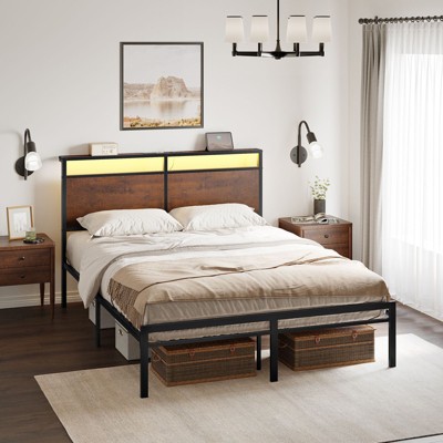 Hausource LED Bed Frame with Storage Headboard, Charging Station, No Box Spring Needed