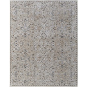 Ivory Taupe and Blue Abstract Power Loom Worn Faded Area Rug With Fringe - 1 of 4
