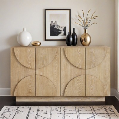4-Door Large Storage Sideboard, Wood Sideboard Cabinet with Semi-Circular Handles and Adjustable Shelves - Leovsnove
