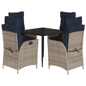 vidaXL 5-Piece Outdoor Patio Dining Set - Gray Poly Rattan Reclining Chairs with Navy Blue Cushions, Tempered Glass Tabletop - 1 of 4
