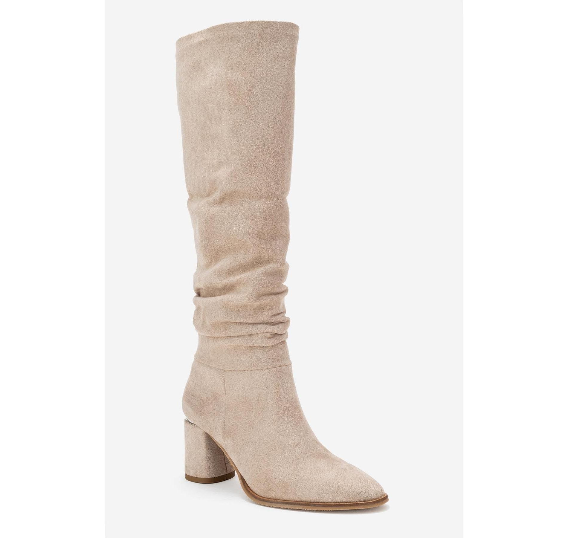 Vianella - Beige Suede Block Heel Knee High Boot (Women) | Prologue Shoes