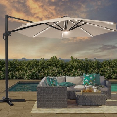 Sonkuki 11FT Round Offset Outdoor Patio Solar LED Cantilever Umbrella Aluminium Pole, 360° Rotation and Canopy Angle Adjustment