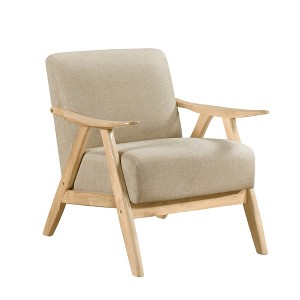 Modern Upholstered Accent Chair with Cushion Back and Seat Solid Rubberwood Natural Finish Living Room - 1 of 4
