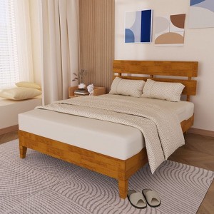 Karl Home Solid Wood Platform Bed Frame , Twin Bed Frame with Headboard Included, Mid Century Modern Bed, White - 1 of 4