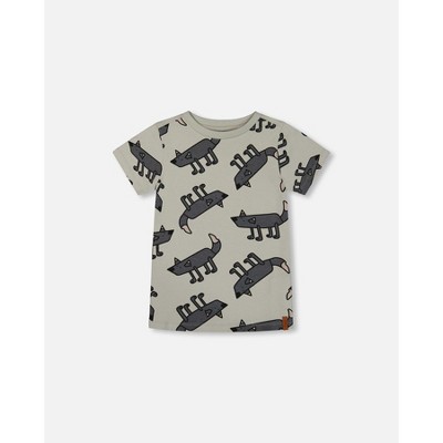 Deux par Deux Boy Printed Organic Cotton Tee Gray Wolf on Teal Background - 6 Years