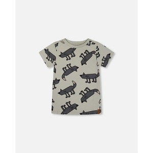 Deux par Deux Boy Printed Organic Cotton Tee Gray Wolf on Teal Background - 6 Years - 1 of 4