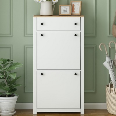 Wood Grain Pattern Top Shoe Cabinet With 2 Flip Drawers And Drawer,Freestanding Shoe Rack With Adjustable Panel,Entryway Shoe Cabinet-Cuddlewood
