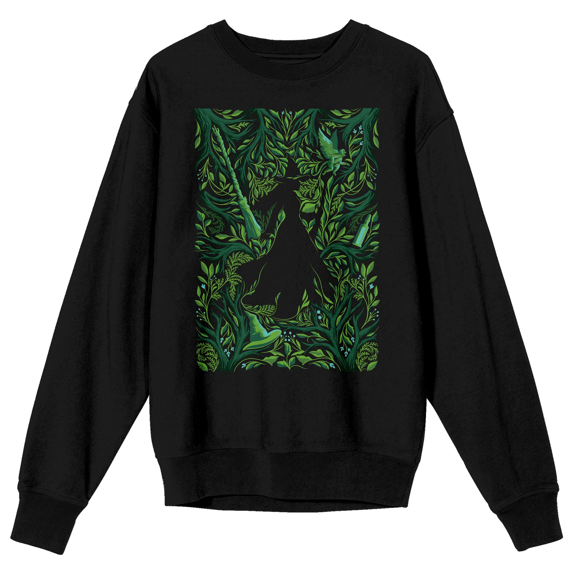 Wicked Elphaba Silhouette with Leaves and Vines Me's Black Crew Neck Short Sleeve Sweatshirt