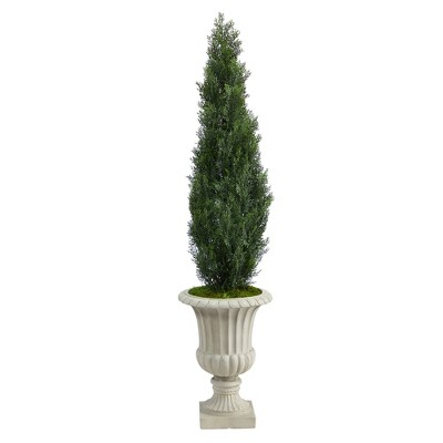 5' Indoor/Outdoor Cedar Artificial Tree in Urn Sand/Green - Nearly Natural