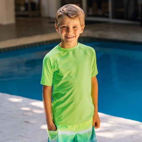 Lands' End Kids Sunshade UPF 50 Chlorine Resistant Short Sleeve Crew Neck Rash Guard - Medium - Bright Green Gecko