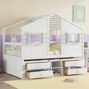 Luxystar Full Size House Loft Bed with Roof, 2 Windows, 4 Storage Drawers, Safety Guardrails and Ladder - 1 of 4