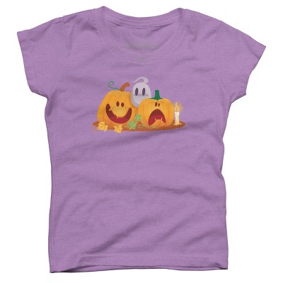 Girl's Design By Humans Halloween Cartoon Pumpkins And Ghost By VectorVillain T-Shirt