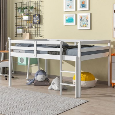NicBex Full Size Loft Bed Low Height Pine Bed Frame with Ladder and Full Length Guardrail, No Box Spring Required, Space Saving