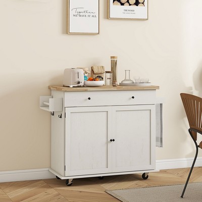 Distressed White Rubberwood Kitchen Cart with Spice Rack and Storage