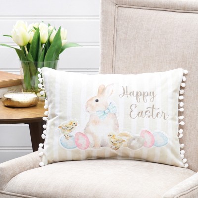 Happy Easter Embroidered Bunny and Eggs Throw Pillow