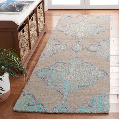 Gray and Turquoise Hand Tufted Wool Silk Runner Rug