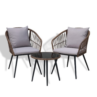 3 Piece Patio Bistro Set, Outdoor Wicker Apartment Balcony Furniture Sets, Rattan Table and Chairs Set of 2 for Porch Backyard Lawn Poolside Deck