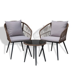 3 Piece Patio Bistro Set, Outdoor Wicker Apartment Balcony Furniture Sets, Rattan Table and Chairs Set of 2 for Porch Backyard Lawn Poolside Deck - 1 of 4