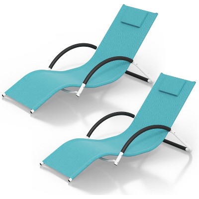 Outdoor Chaise Lounge Chairs, Portable Set of 2,Iron Patio Chaise Loungehe Come with a Headrest ,for Use by The Poolside,Balcony and Backyard(Blue)