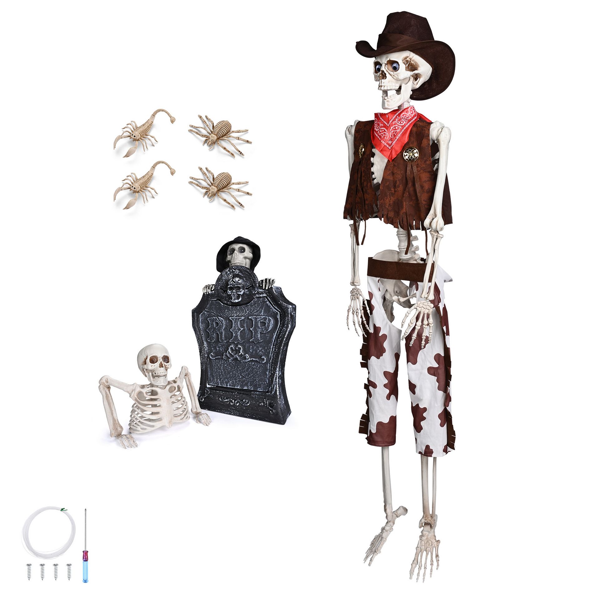 Yescom 5.4 Ft Cowboy Skeleton Halloween Tombstone Half Skeleton 2 Spider 2 Scorpion Party Decorations 2025 Black
