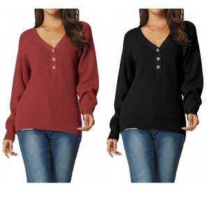 INSPIRE CHIC Women's Long Sleeve V Neck Button Front Solid Ribbed Knit Pullover Sweaters 2 Packs - 1 of 4