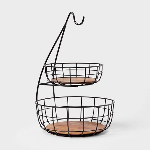 Iron And Mangowood Wire 2-tier Fruit Basket With Banana Hanger