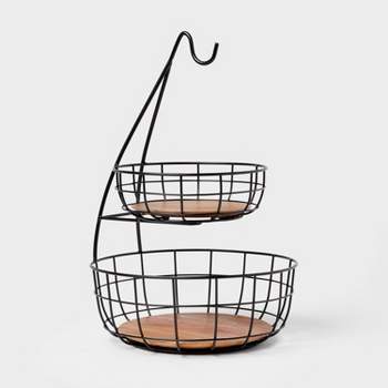 Iron and Mangowood Wire 2-Tier Fruit Basket with Banana Hanger Black - Threshold™
