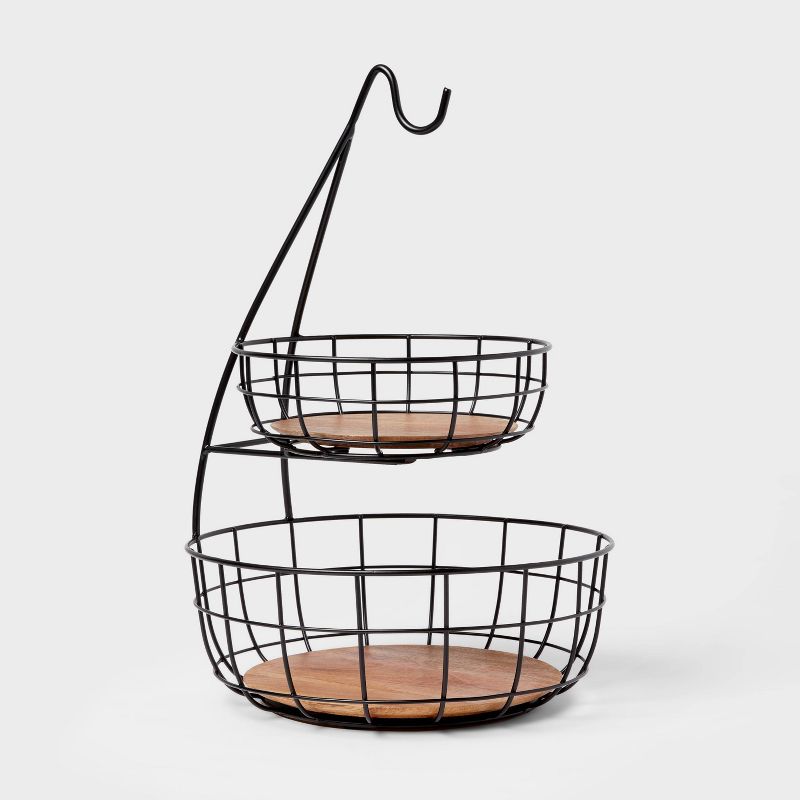 Iron and Mangowood Wire 2-Tier Fruit Basket with Banana Hanger Black - Threshold&#8482;, 1 of 8