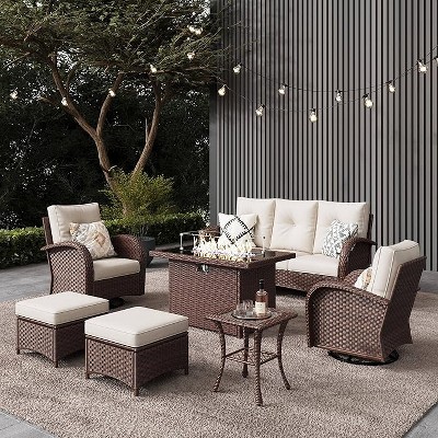 LayinSun Outdoor Patio Furniture Set, Brown Rattan Wicker Sectional Swivel Rocker Chairs Sets