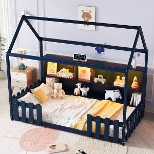 KIGFTSOD Twin Size House Bed with LED Light, Wood House Bed with Storage Bookshelf, Floor House Bed with Guardrails for Kids - 1 of 4