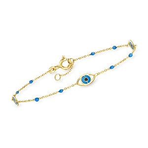 Ross-Simons Italian Blue and Black Enamel Evil Eye Station Bracelet in 14kt Yellow Gold Size 7.5 - 1 of 3
