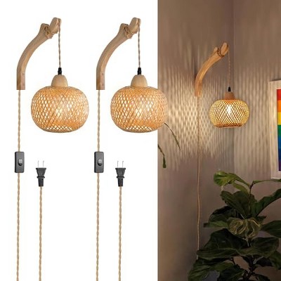 TOBILI Bamboo Wall Sconces Set of Two Plug in, Boho Wall Lamp with Plug in Cord, Farmhouse Wall Light Fixtures with 9.84FT On/Off Switch Cord
