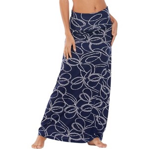 Women's Stylish Spandex Flare Maxi Skirt - Comfy Fold-Over Design Long Skirt for Effortless Style Blue and White - 1 of 4