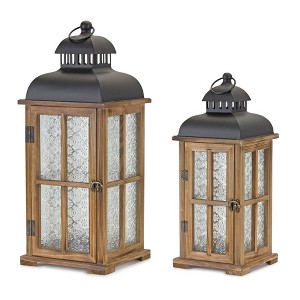 HomeRoots Set of Two Brown and Black Frosted Glass Wood and Metal Floor Lantern Candle Holders - 1 of 4