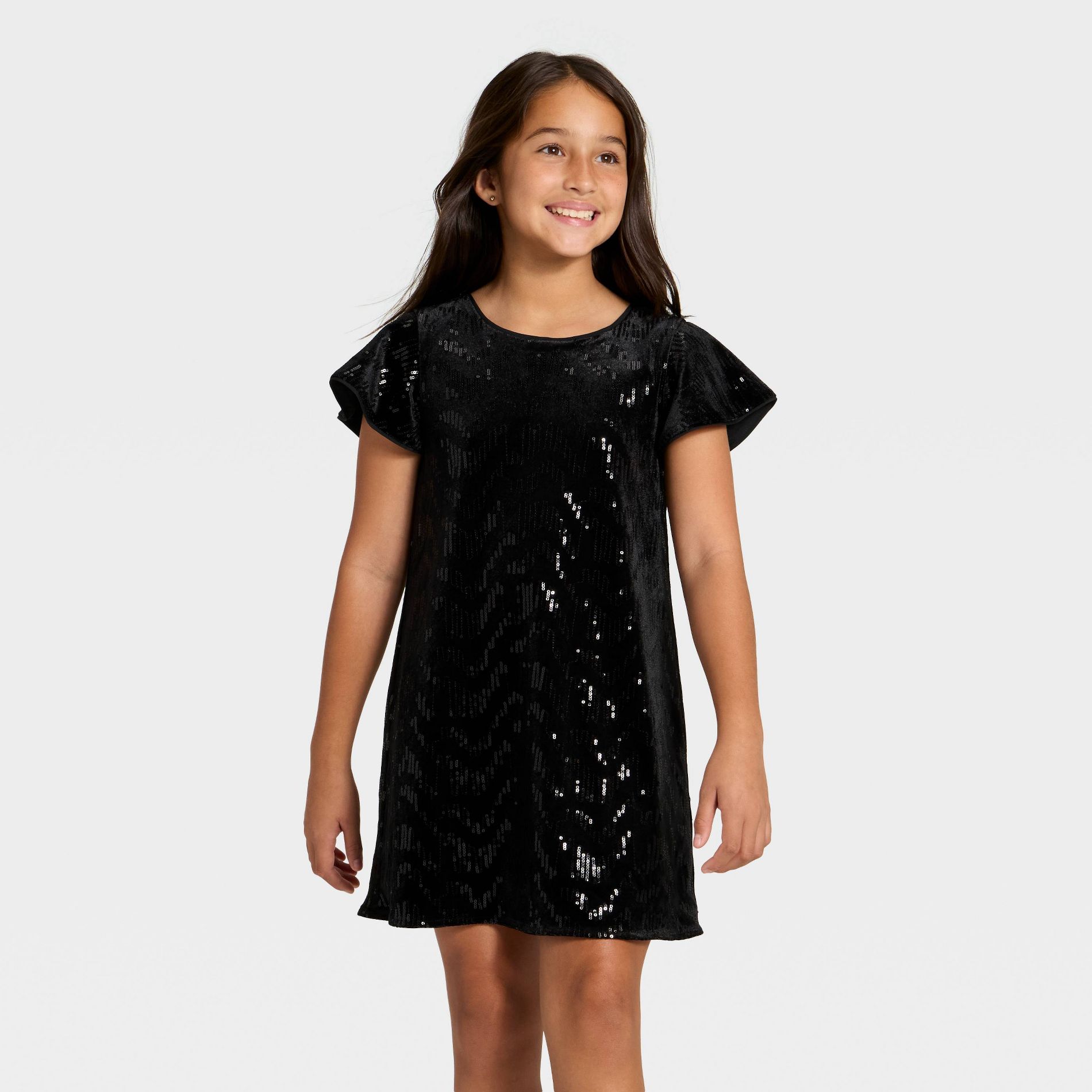 Girls' Short Sleeve Sequin Velvet Dress - Cat & Jack™ Black